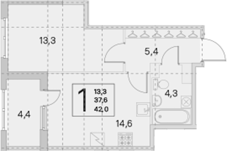 1-комнатная квартира 37.6 м², 3/5 эт., ЖК «ЮгТаун. Олимпийские кварталы»
